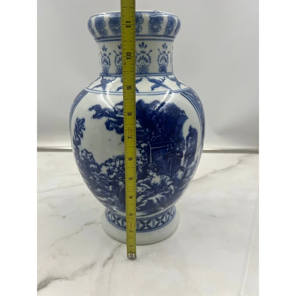 Vintage Blue and White Porcelain Vase Chinoiserie Pastoral Scene Floral 11 Inch
